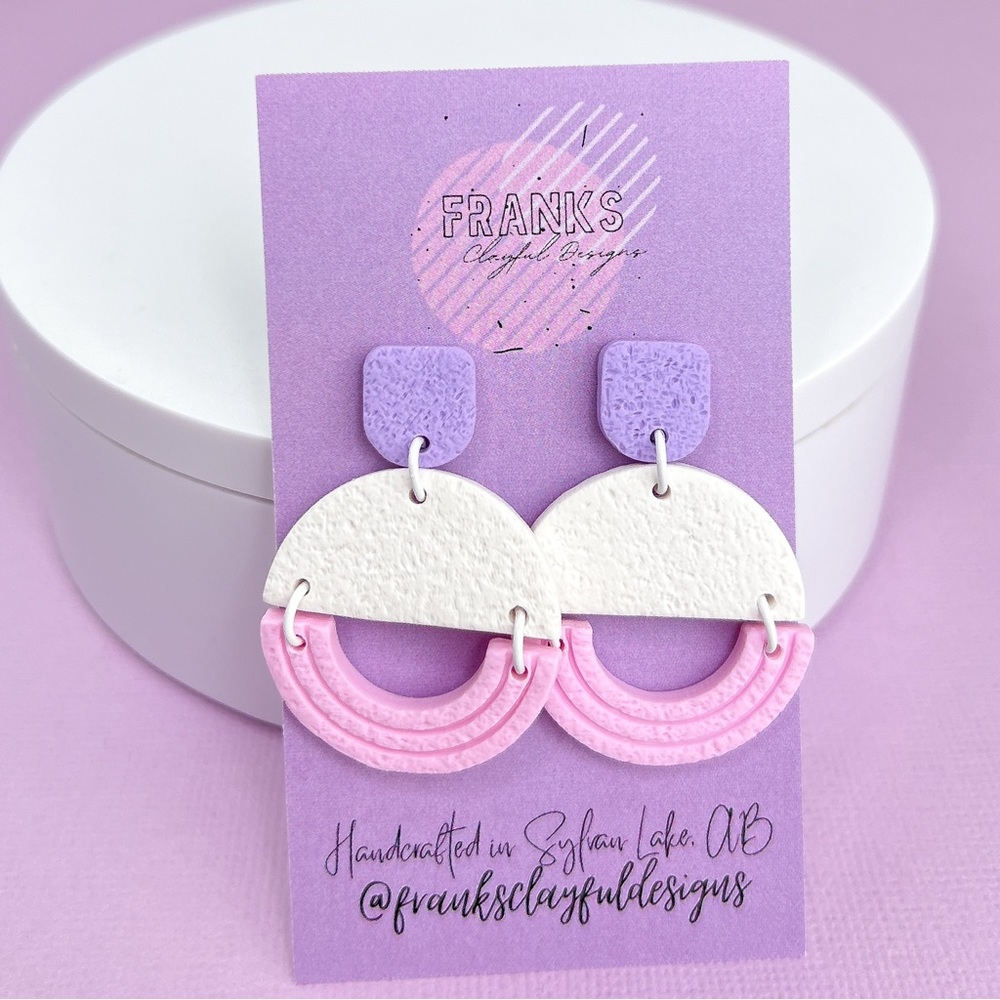 Pink Purple White Design Handmade Polymer Clay Dangle Earrings